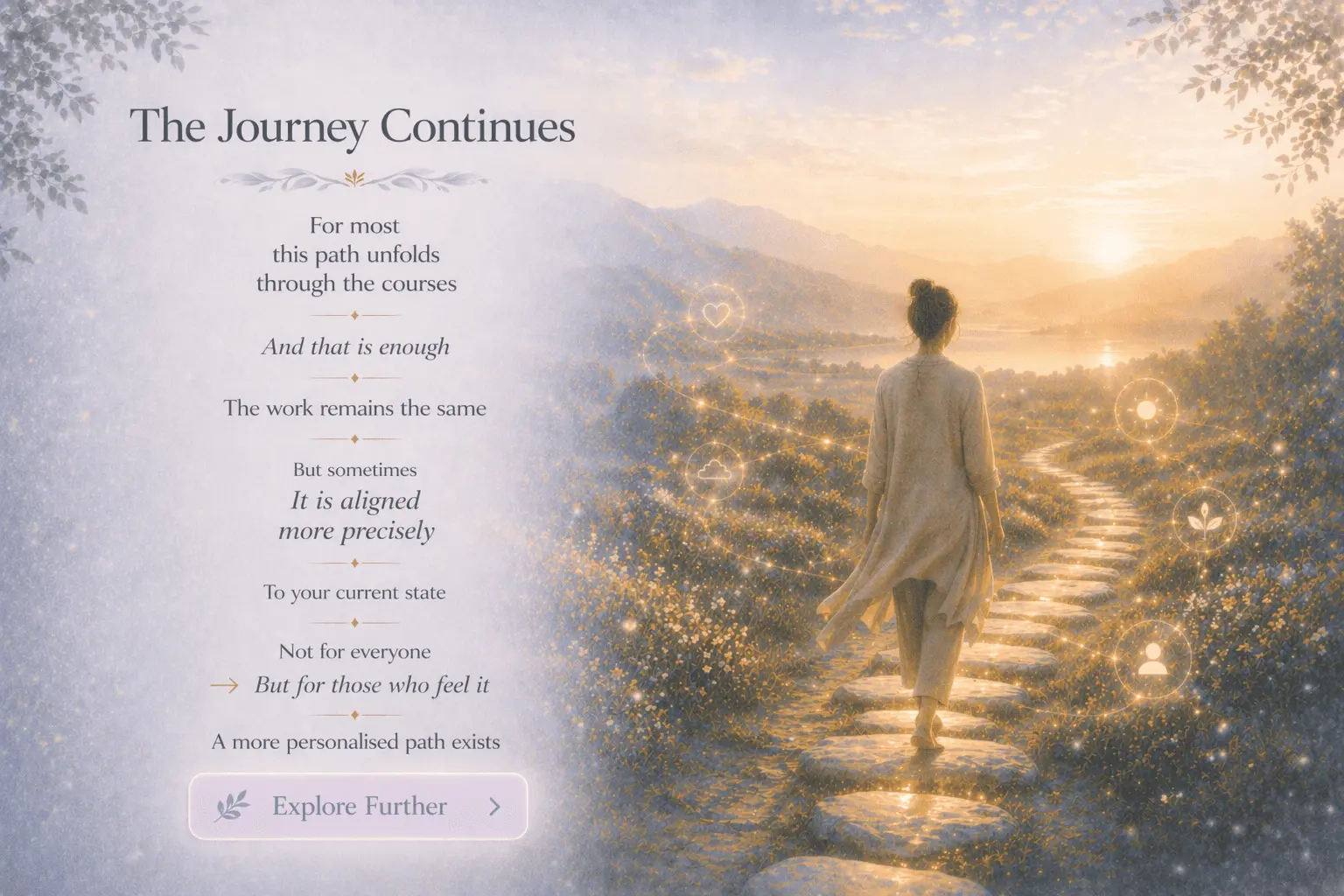 Illustration of a peaceful path leading towards the horizon, symbolising that the journey of inner healing, emotional wellbeing and self-discovery is continuous, with every person following their own unique path towards lasting transformation.